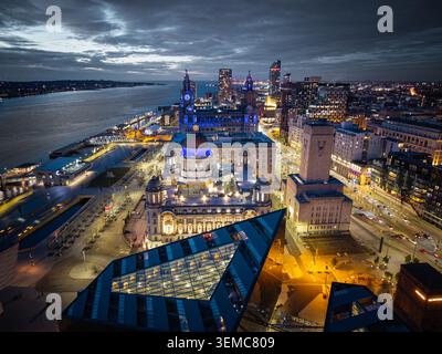 A beautiful shot of the 3 graces of the Liverpool Pier Head. Captured during blue hour this shot shows the amazing waterfront with the River Mersey Stock Photo