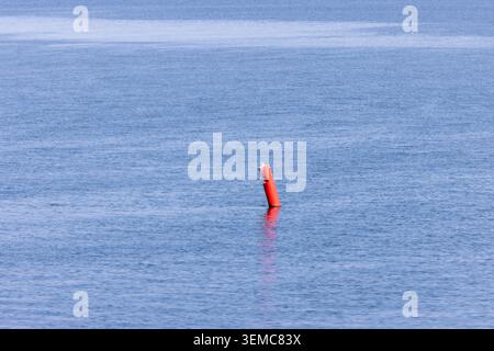 Red navigation buoy floating on calm coastal waters in Prince Edward Island Canada with gentle reflections and open maritime scenery creating a peacef Stock Photo
