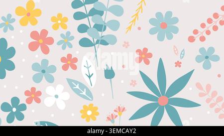 A minimal pastel botanical seamless pattern with delicate leaves and small flowers on a beige background. Ideal for stationery, fabric prints, packaging, gift wrap, and modern spring themed designs Stock Vector