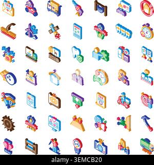 Diverse isometric icons collection illustrating various concepts and themes Stock Vector