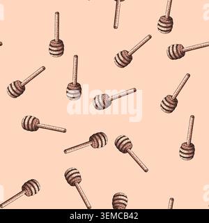 pattern Honey dipper stick black white engraving drawing Stock Vector
