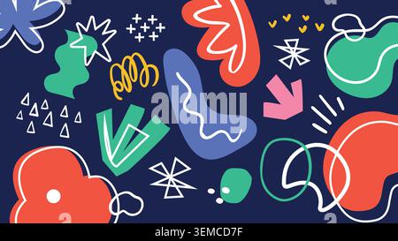 A pastel doodle pattern with playful colorful shapes and abstract line accents on a soft purple background. Ideal for social media layouts, packaging design, posters, and artistic visuals Stock Vector