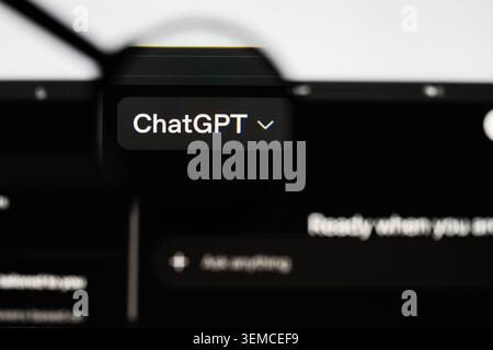 Milan, Italy 2026, 20 Apr Closeup of ChatGPT website on a laptop screen. Focus on ChatGPT logo under a magnifying glass. Stock Photo