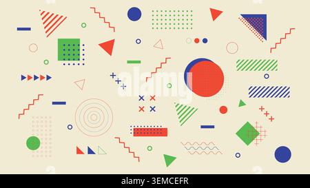 A vibrant Memphis geometric pattern with colorful abstract shapes on a light background. Perfect for retro designs, social media graphics, and modern creative projects Stock Vector