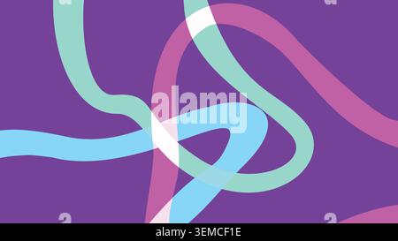 Abstract background with intersecting neon curved lines in blue, pink, and mint tones on a purple base. Stylish and dynamic look Stock Vector