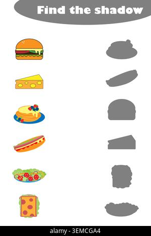 Find the shadow, game with food for children in cartoon style, education game for kids, preschool worksheet activity, task for the development of Stock Vector