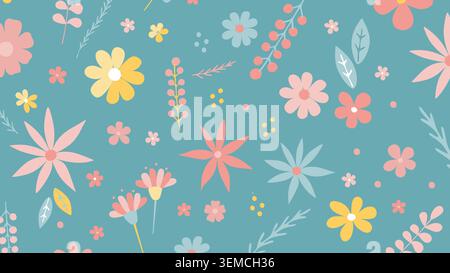 A soft pastel floral seamless pattern featuring cute flowers and delicate leaves on a calming blue background. Perfect for spring designs, stationery, fabric prints, wallpapers, and greeting cards Stock Vector