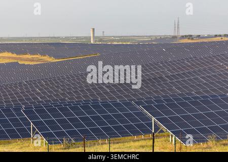 Expansive solar farm generating sustainable electricity on Almaraz field, promoting environmental protection and green energy solutions Stock Photo