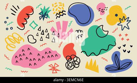 A cheerful abstract doodle pattern featuring colorful organic shapes, playful scribbles, and vibrant geometric accents. Ideal for creative branding, prints, wallpapers and joyful design projects Stock Vector