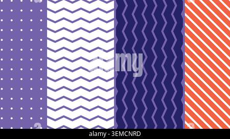Bold geometric background featuring zigzag stripes, dotted sections, and vertical color blocks in purple, blue, and orange. Perfect for trendy, modern, and abstract design projects Stock Vector