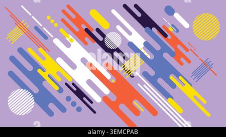 A neon color stream with trendy rounded shapes flowing across a soft purple gradient. Perfect for social media visuals, modern branding, digital layouts, music graphics, and playful abstract designs Stock Vector