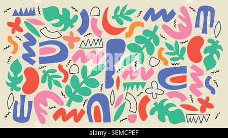 A playful abstract pattern with colorful organic shapes and whimsical doodles. Perfect for creative backgrounds, social media posts, packaging designs, posters, and modern artistic visuals Stock Vector
