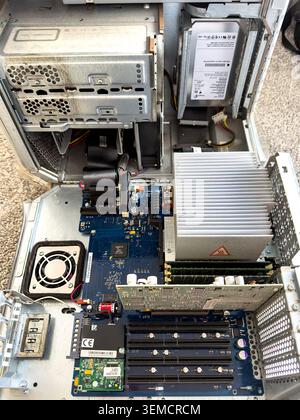 Inside view of an opened classic Apple Power Mac G5 showing internal computer hardware components Stock Photo