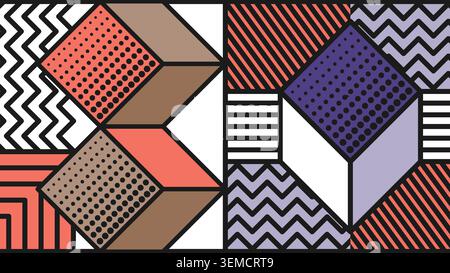 3D cube geometric pattern with zigzag, stripes, and dotted textures in coral, purple, and brown, ideal for modern surface design Stock Vector