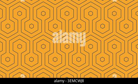 Hexagon circuit pattern in orange and black, creating a seamless modern geometric tech background Stock Vector