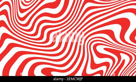 Vibrant red and white wavy lines forming an optical illusion effect. Ideal for posters, psychedelic designs, digital ads, modern wallpapers, packaging, and abstract visual artwork Stock Vector