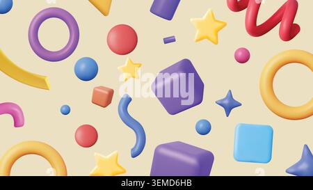 A bright composition of yellow and pink 3D shapes in motion, creating a cheerful and dynamic abstract background for creative design purposes Stock Vector
