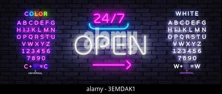 Neon open lettering with editable alphabet and bright numeric characters. Modern glowing font template for advertising, retail or business design. Stock Vector