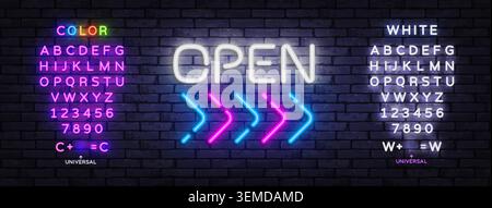 Neon open text with colorful arrows and editable alphabet collection. Vibrant retro typography for club, cafe, banner or digital promotion. Stock Vector