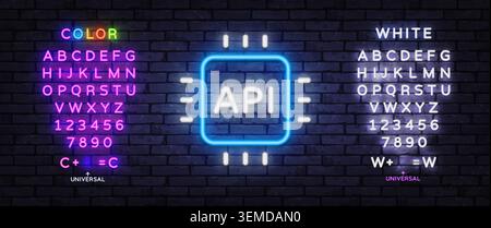 Neon API processor icon with editable letters and glowing number set. Modern technology typography template for coding, software or digital interface. Stock Vector