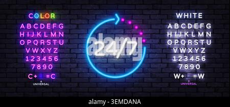 Futuristic 24 7 neon symbol with editable typography and glowing letters. Bright cyber style template for support service, delivery or online business Stock Vector
