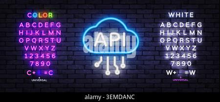 Neon API cloud icon with editable alphabet and luminous typography style. Futuristic template for cloud computing, programming or web development. Stock Vector