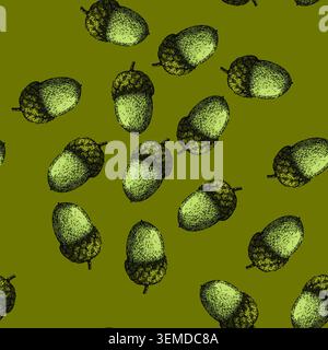 pattern acorn nut green sketch hand drawn Stock Vector