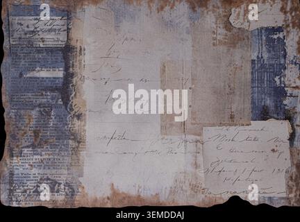 Vintage collage paper texture featuring newspaper print, handwritten script, and distressed layered elements. Stock Photo