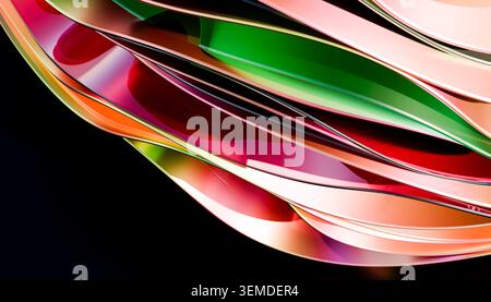 Abstract background of layered glass-like ribbons in vivid red, green, and pink tones, flowing in smooth curves with glossy reflections on a dark grad Stock Photo