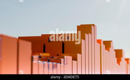 Abstract digital render featuring a series of orange geometric structures against a gradient sky. The modern design creates a calm yet vibrant atmosph Stock Photo