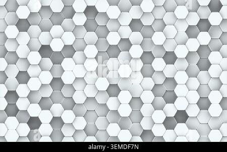 A seamless pattern of interlocking hexagons in varying shades of grey creates a modern, geometric background. Ideal for designs requiring a sleek, con Stock Photo