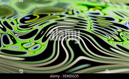 Psychedelic abstract background with hypnotic green and black wavy lines, liquid ripple distortion, and glossy depth. Ideal for modern posters, covers Stock Photo