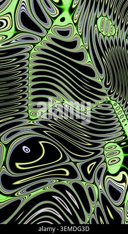 Psychedelic abstract background with flowing neon green and silver wave lines over deep black, creating a hypnotic psycho ripple pattern for modern de Stock Photo