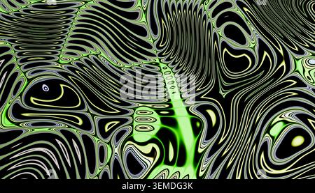 Psychedelic abstract background featuring warped green and black liquid ripples, wavy distortion lines, and surreal organic shapes, creating a hypnoti Stock Photo