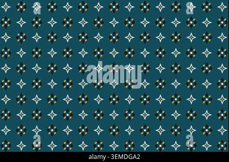 This design features a repeated pattern of flowers and geometric shapes on a blue background. The colors include white, yellow, and green. The pattern Stock Photo