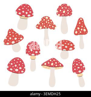 Collection of red fly agaric mushrooms in various shapes. Flat hand-drawn illustrations. Vector elements isolated on a white background. Stock Vector