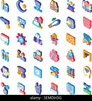 Isometric icons collection representing various digital tools and symbols Stock Vector