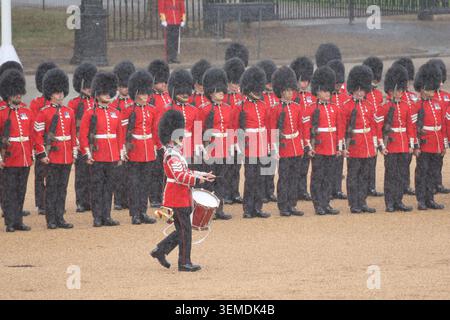 London, UK. 6th June, 2026. Soldiers march in heavy rain as they take part in the Colonel's Review, Horse Guards Parade, London on June 6th 2026. The 3rd rehearsal for Trooping the Coour.Credit Paul Ratcliffe Stock Photo