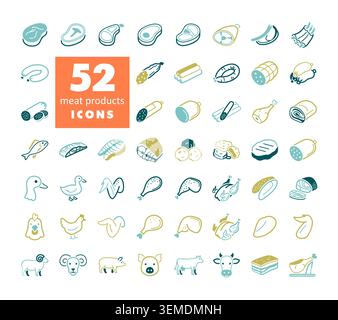 Large collection of 52 minimalistic flat line art icons representing various meat and poultry products, fish, and farm animals. Suitable for food and Stock Vector