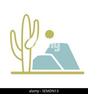 Cactus mountain and sun vector icon. Rocky desert landscape. Nature sign. Graph symbol for travel and tourism web site and apps design, logo, app, UI Stock Vector