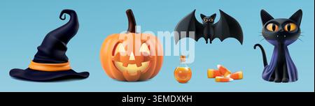 Happy halloween 3d vector set. Witch wizard hat, carved pumpkin jack lantern, black cat in dracula costume, vampire bat, magic potion and sweet candy Stock Vector