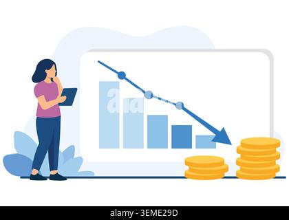Flat vector illustration showing a declining financial chart, falling revenue, and economic slowdown concepts, highlighting losses, market challenges, Stock Vector