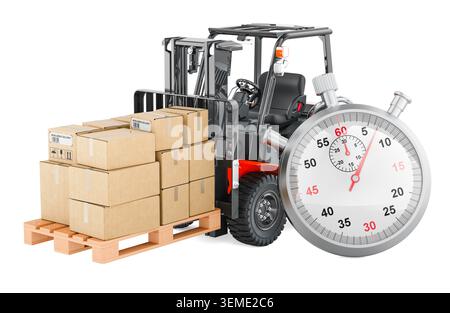 Forklift with pallet boxes and stopwatch. Fast delivery and warehouse logistics, 3d rendering isolated on white background Stock Photo