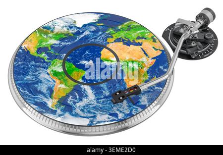 Turntable with Earth map vinyl record. 3D rendering isolated on white background Stock Photo
