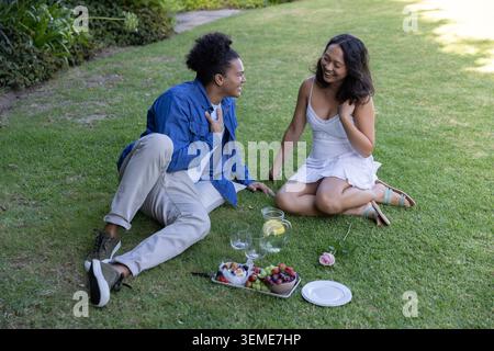 Diverse couple sitting on park lawn sharing picnic with pitcher, wearing blue shirt, white sundress Stock Photo