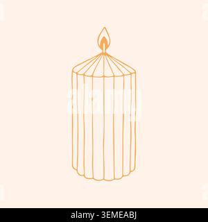 Vector hand drawn burning pillar candle with trendy ribbed texture and flame. Modern aesthetic home decor element in minimalist style for cozy Stock Vector