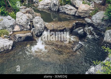 view from above on small handmade waterfall Stock Photo