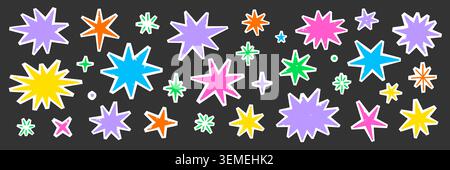 Star paper sticker element set. Hand drawn star cut collage doodle with grunge texture torn edge. Scrapbook journal note label yellow, green, pink burst aesthetic background. Vector illustration Stock Vector