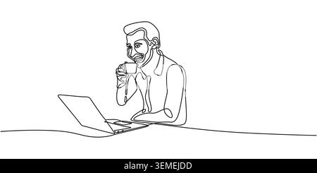 Minimalist Continuous Line Drawing of a Man Working on Laptop Stock Vector