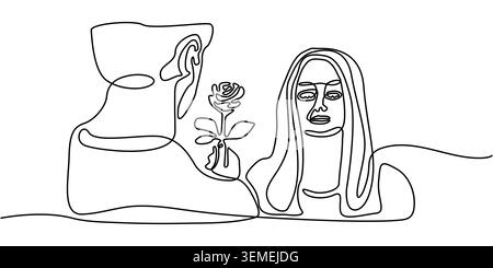 Minimalist Continuous Line Drawing of Man Giving Rose to Woman Stock Vector
